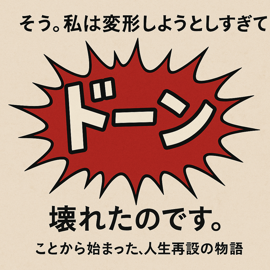 ベージュの紙風背景に、中央で真っ赤な爆発風の吹き出しが目を引くデザイン画像。中央に大きく白抜きのカタカナで「ドーン」と描かれ、上には「そう。私は変形しようとしすぎて」、下には「壊れたのです。」と黒い太字で記載。さらにその下に小さく「ことから始まった、人生再設計の物語」と添えられている。感情の爆発と転機をユーモラスかつ印象的に伝える構成。