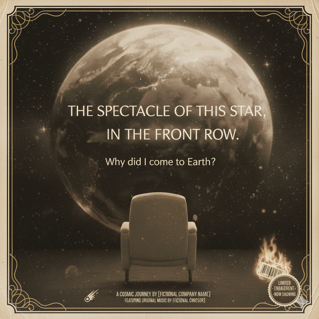 宇宙空間に浮かぶ巨大で美しい地球を、映画館の赤い特等席に座って一人で見つめている後ろ姿。足元には、既存のバイアスやラベルを象徴するバーコード付きのタグが、静かに魂の火で焼き尽くされている。全体的に温かみのあるベージュとセピアのトーンで、まるで人生という壮大なドキュメンタリー映画のパンフレットのような、静寂と情熱が同居するデザイン。